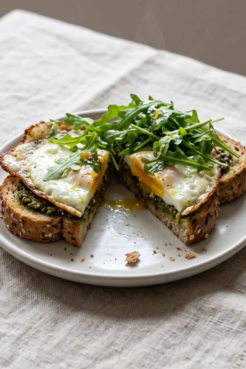 Pesto Eggs with Arugula on Toast - Eggs fried straight in a spoonful of pesto until set and crisp-edged, piled on toast with peppery arugula