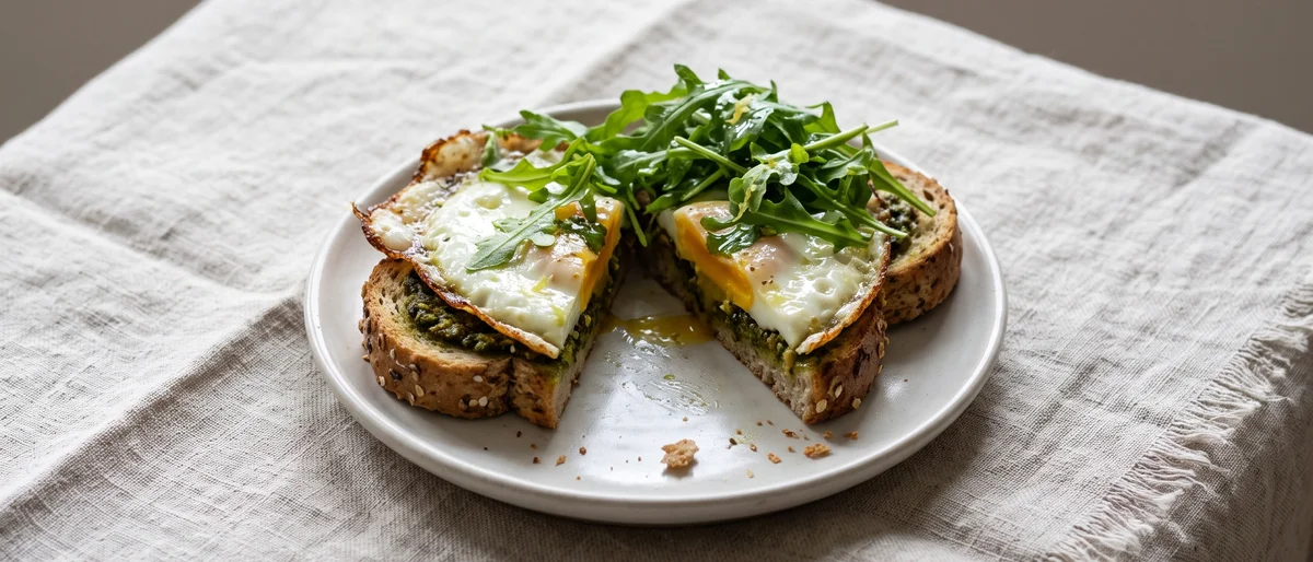 Pesto Eggs with Arugula on Toast - Eggs fried straight in a spoonful of pesto until set and crisp-edged, piled on toast with peppery arugula