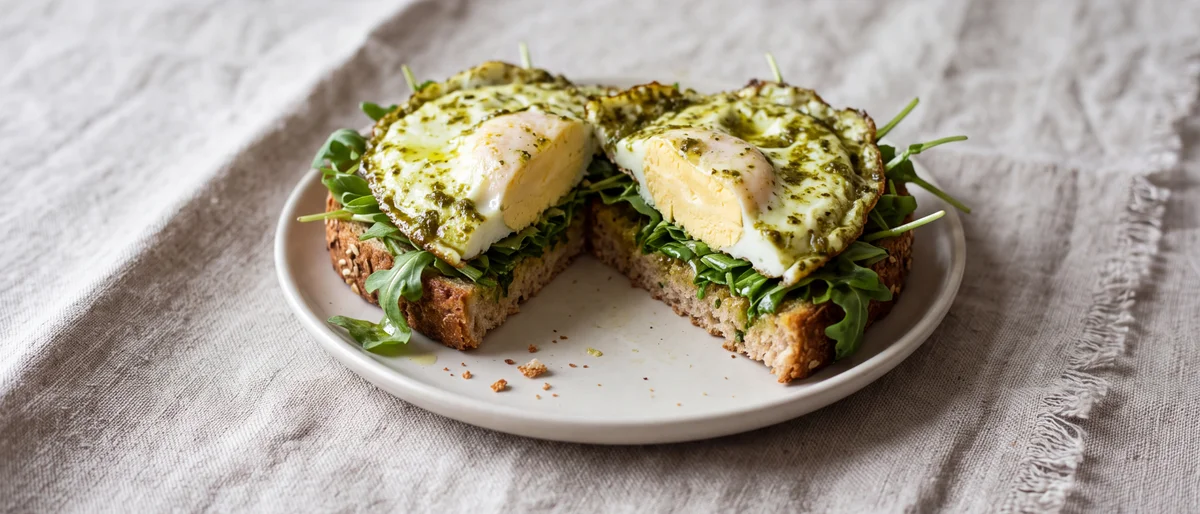 Pesto Eggs with Arugula on Toast - Eggs fried straight in a spoonful of pesto until set and crisp-edged, piled on toast with peppery arugula
