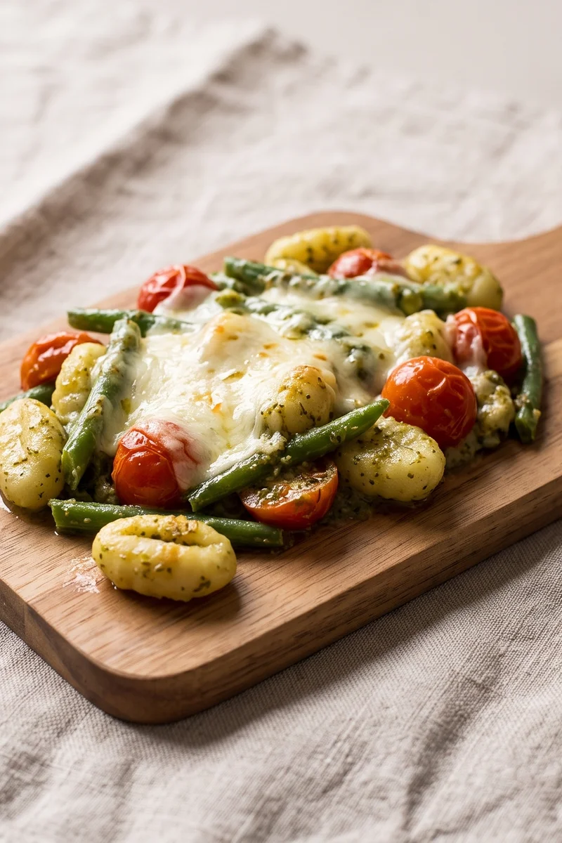 Pesto Gnocchi Bake with Mozzarella & Green Beans - Gnocchi, green beans and cherry tomatoes baked in pesto cream under molten mozzarella