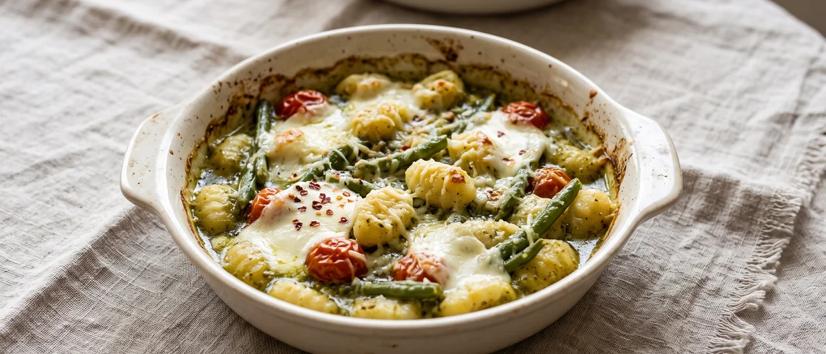 Pesto Gnocchi Bake with Mozzarella & Green Beans - Gnocchi, green beans and cherry tomatoes baked in pesto cream under molten mozzarella