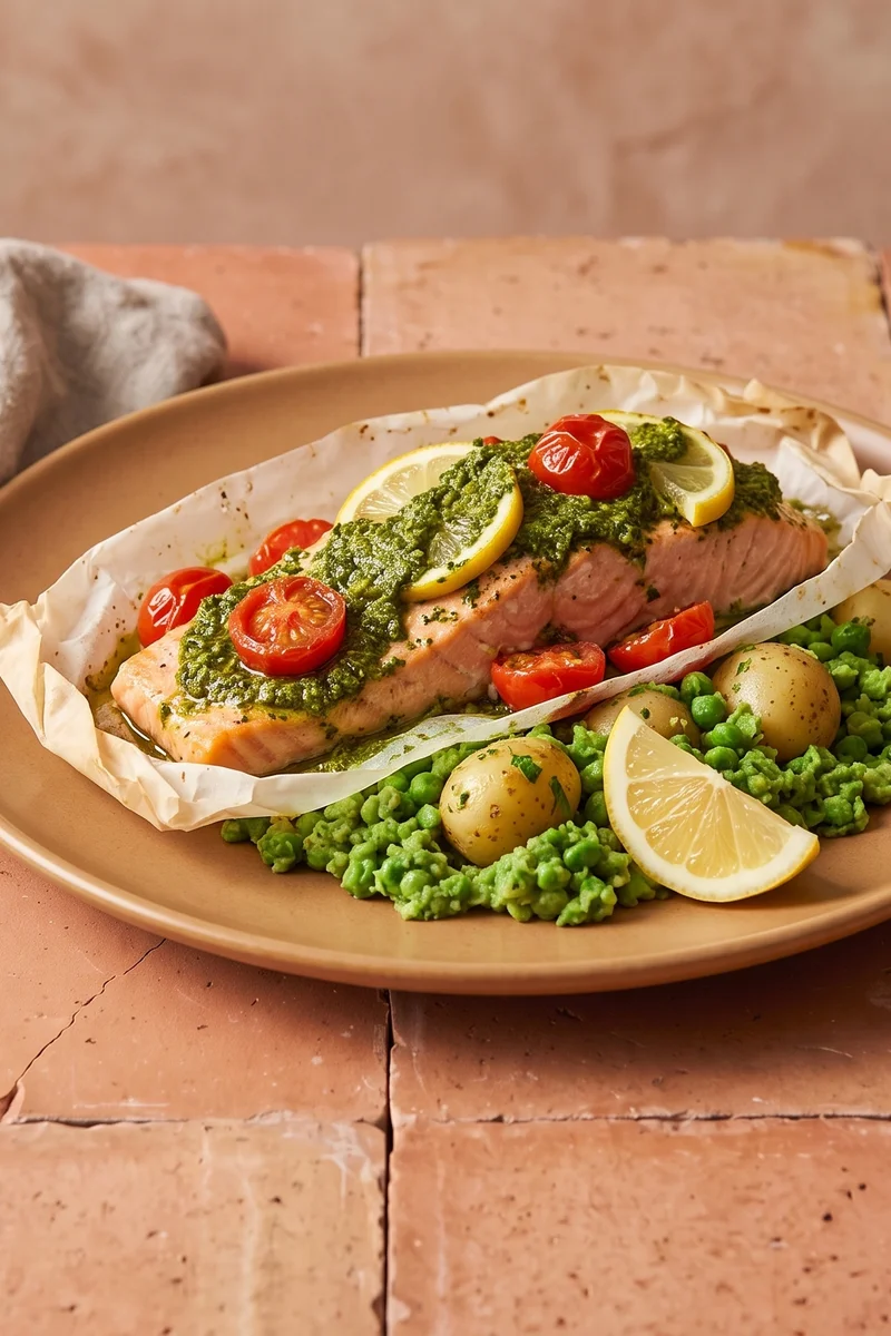 Pesto Salmon Parcels with Crushed Peas & Potatoes - Salmon baked in parchment with pesto, lemon and tomatoes over minted crushed peas and potatoes