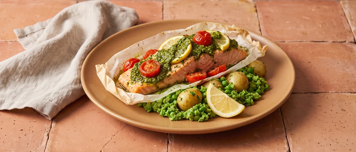 Pesto Salmon Parcels with Crushed Peas & Potatoes - Salmon baked in parchment with pesto, lemon and tomatoes over minted crushed peas and potatoes