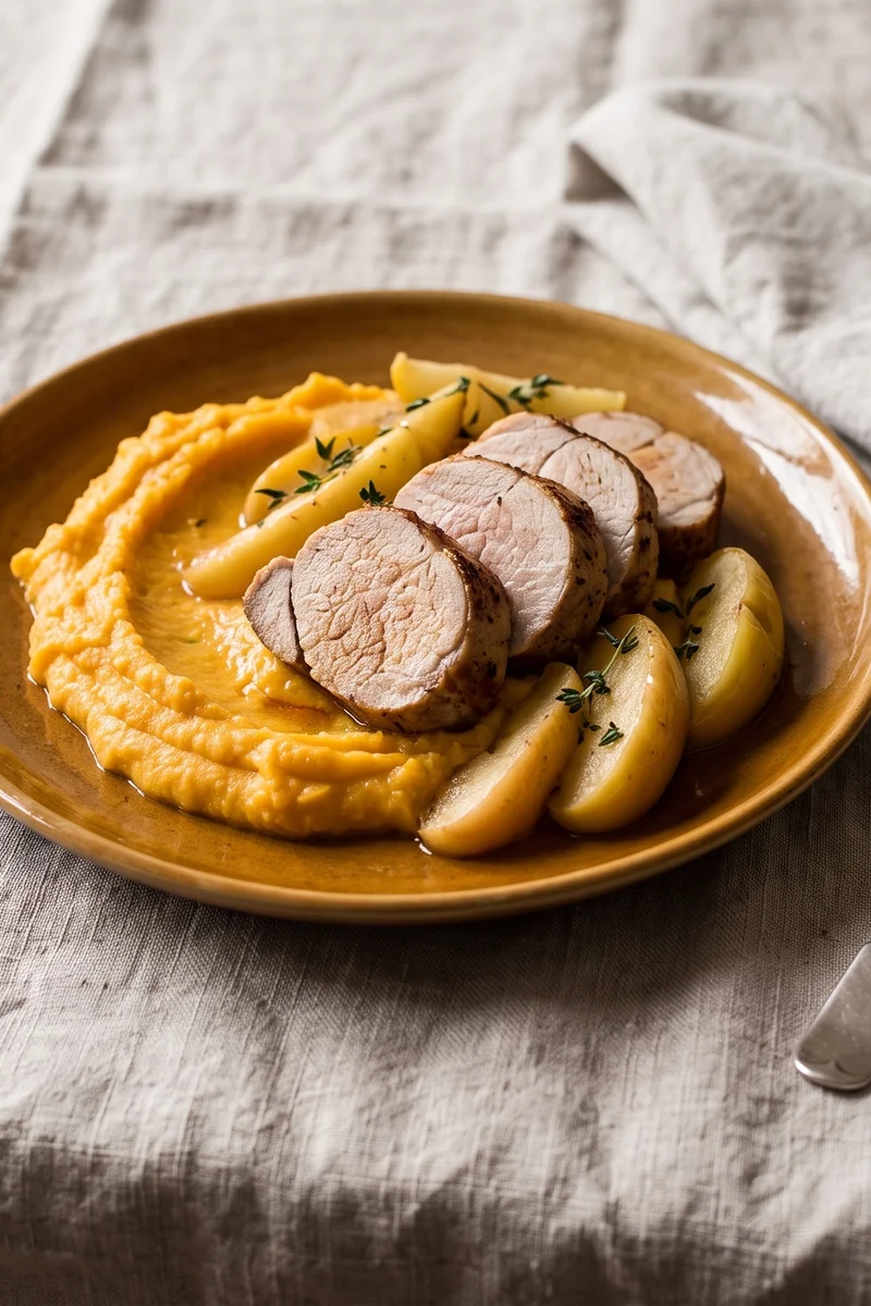 Pork Tenderloin with Apples & Mashed Root Veg - Roasted pork tenderloin with cider-free pan apples over carrot and parsnip mash