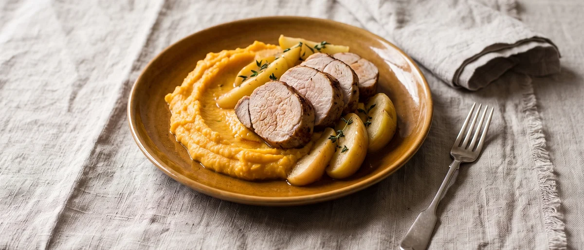 Pork Tenderloin with Apples & Mashed Root Veg - Roasted pork tenderloin with skillet apples over carrot and parsnip mash