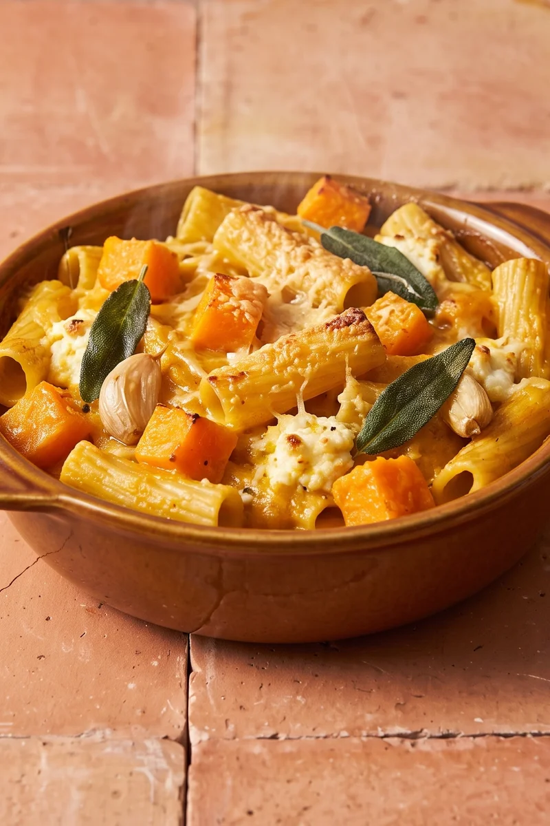 Pumpkin, Sage & Ricotta Baked Rigatoni - Rigatoni baked in a silky pumpkin-sage sauce with ricotta pockets and a Parmesan top