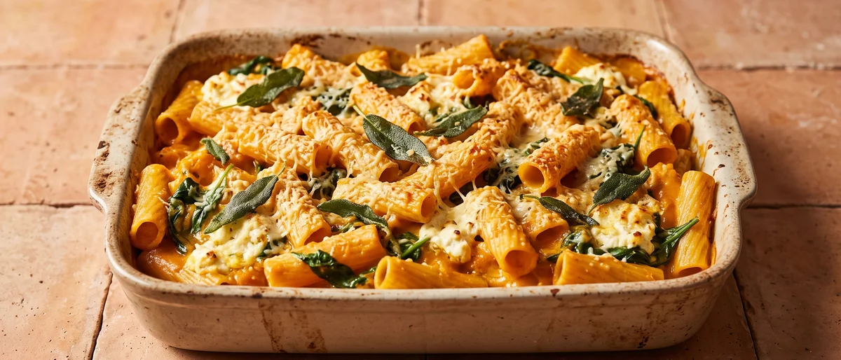 Pumpkin, Sage & Ricotta Baked Rigatoni - Rigatoni baked in a silky pumpkin-sage sauce with ricotta pockets and a Parmesan top