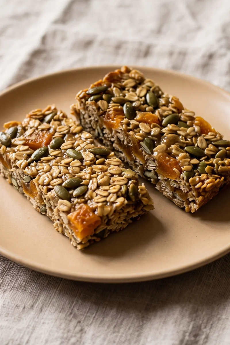Pumpkin Seed & Apricot Breakfast Bars - Chewy oat bars packed with pumpkin seeds, dried apricots and tahini