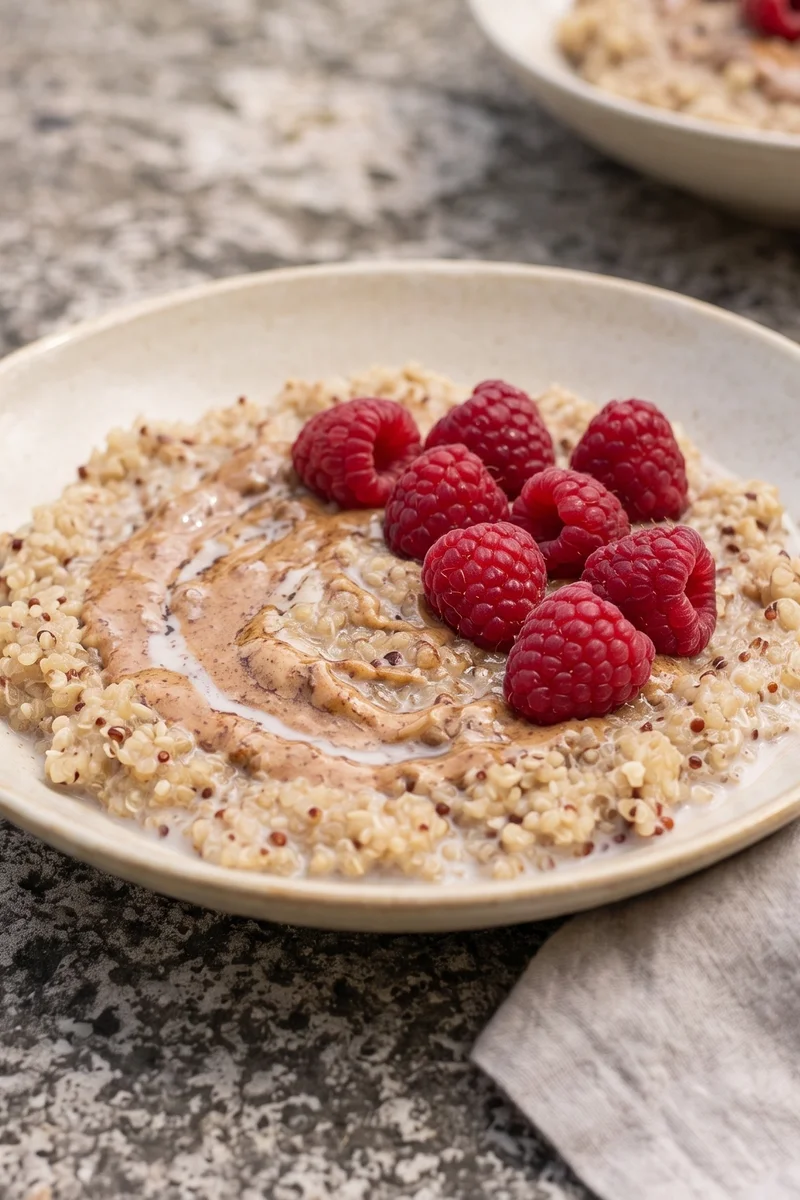 Quinoa Breakfast Bowl with Almond Butter & Raspberries - Warm quinoa cooked in cinnamon milk, swirled with almond butter and topped with raspberries