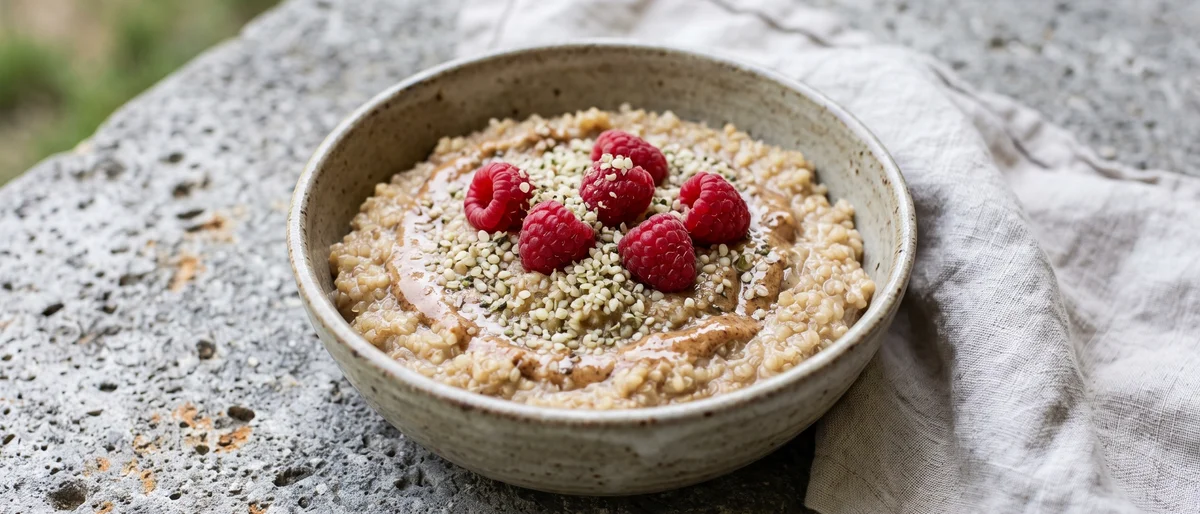 Quinoa Breakfast Bowl with Almond Butter & Raspberries - Warm quinoa cooked in cinnamon milk, swirled with almond butter and topped with raspberries