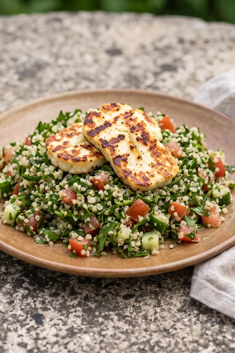Quinoa Tabbouleh with Grilled Halloumi - A herb-heavy tabbouleh on quinoa with golden halloumi