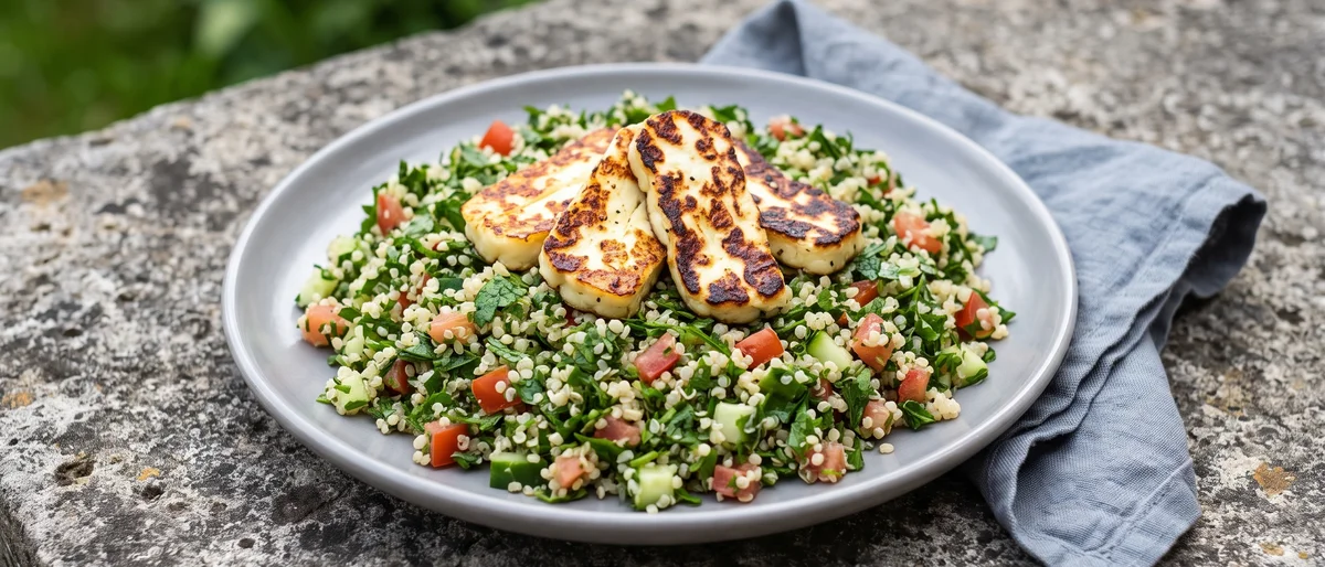 Quinoa Tabbouleh with Grilled Halloumi - A herb-heavy tabbouleh on quinoa with golden halloumi