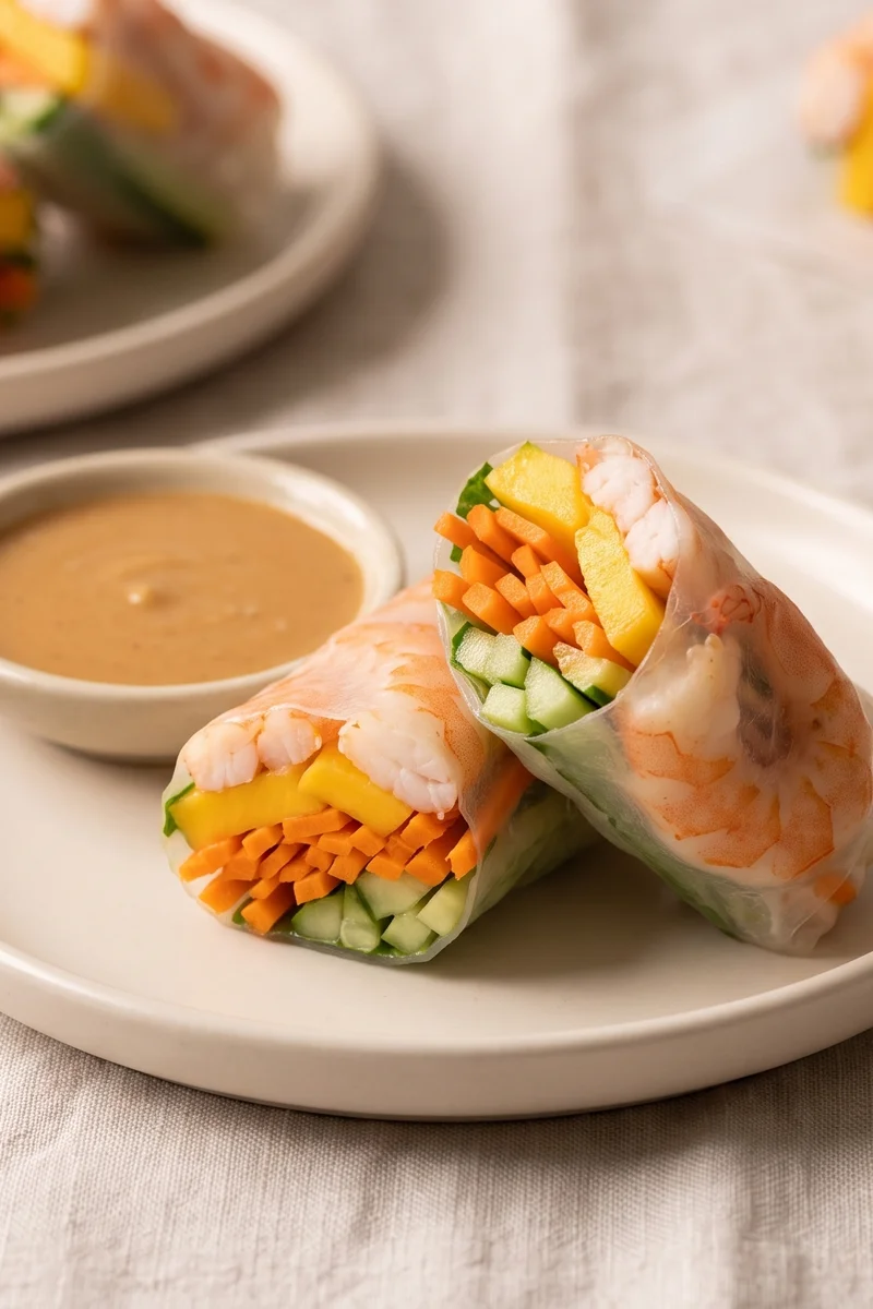 Rainbow Rice Paper Rolls with Cooked Shrimp - Cool rice paper rolls of cooked shrimp, mango, herbs and crunchy veg with peanut-lime dip