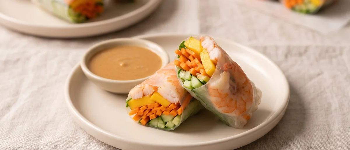 Rainbow Rice Paper Rolls with Cooked Shrimp - Cool rice paper rolls of cooked shrimp, mango, herbs and crunchy veg with peanut-lime dip