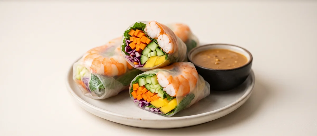 Rainbow Rice Paper Rolls with Cooked Shrimp - Cool rice paper rolls of cooked shrimp, mango, herbs and crunchy veg with peanut-lime dip