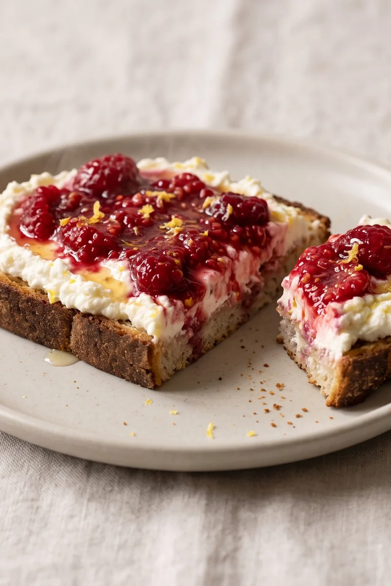 Raspberry & Ricotta Toast with Lemon - Whipped lemony ricotta under crushed raspberries on hot toast