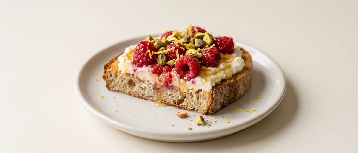 Raspberry & Ricotta Toast with Lemon - Whipped lemony ricotta under crushed raspberries on hot toast