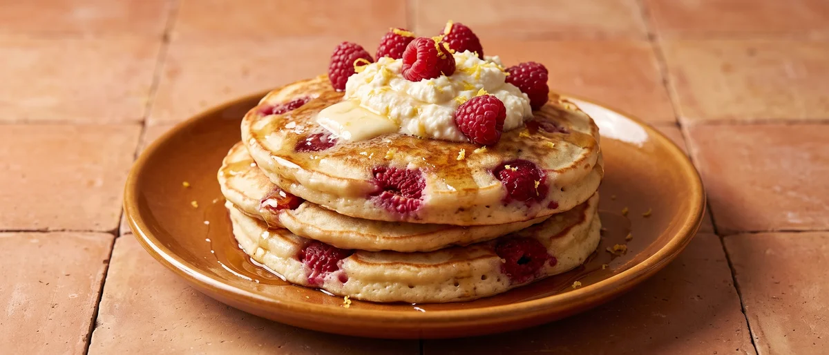 Raspberry Ricotta Pancakes - Fluffy ricotta pancakes studded with raspberries