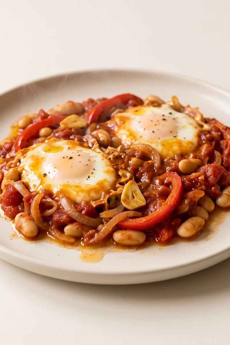 Red Pepper & White Bean Shakshuka - Eggs simmered in a smoky tomato and red pepper sauce with white beans stirred through