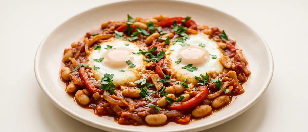 Red Pepper & White Bean Shakshuka - Eggs simmered in a smoky tomato and red pepper sauce with white beans stirred through
