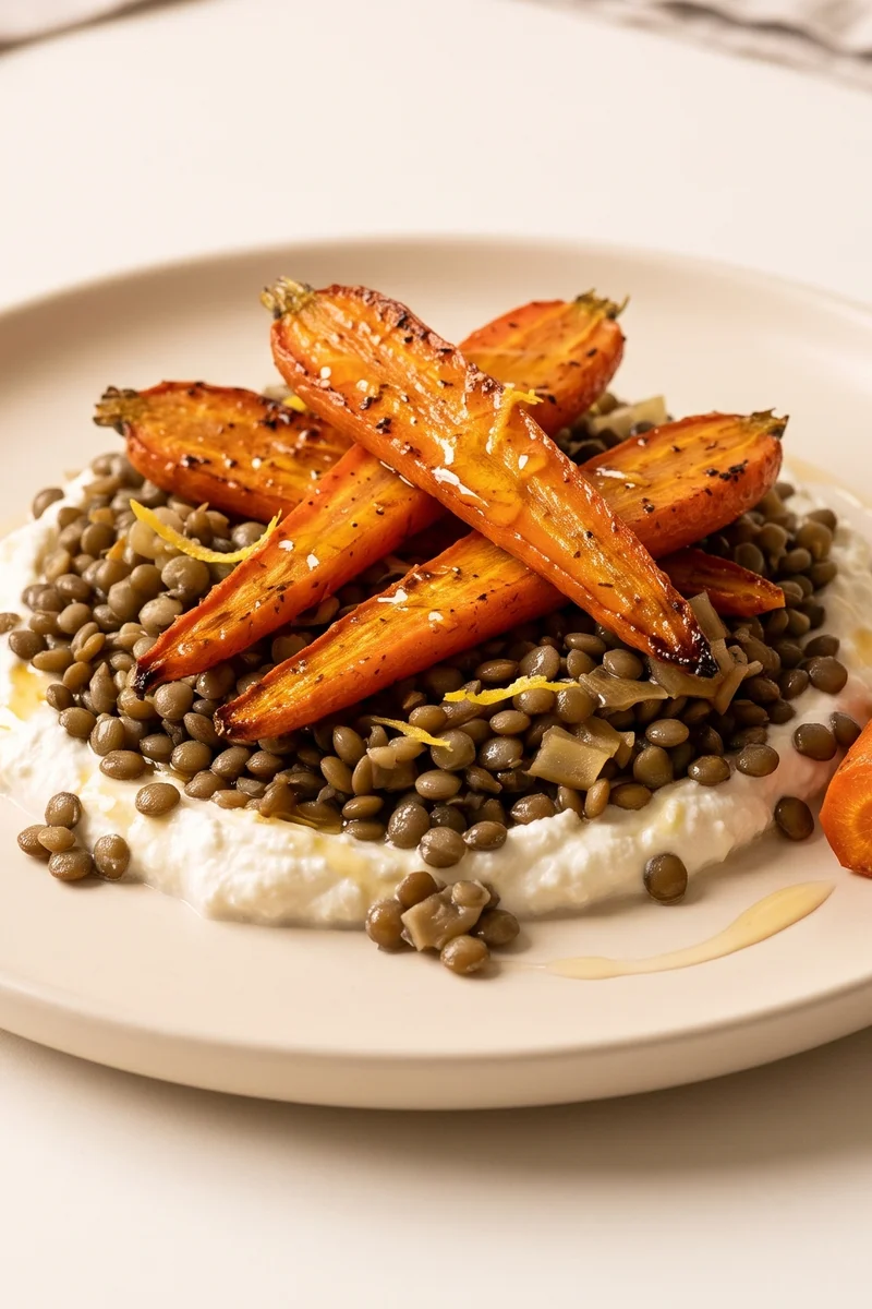 Roast Carrot, Lentil & Whipped Feta Plate - Cumin-roasted carrots over lemony lentils and whipped feta with a honey drizzle