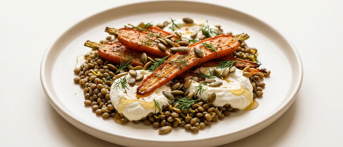 Roast Carrot, Lentil & Whipped Feta Plate - Cumin-roasted carrots over lemony lentils and whipped feta with a honey drizzle