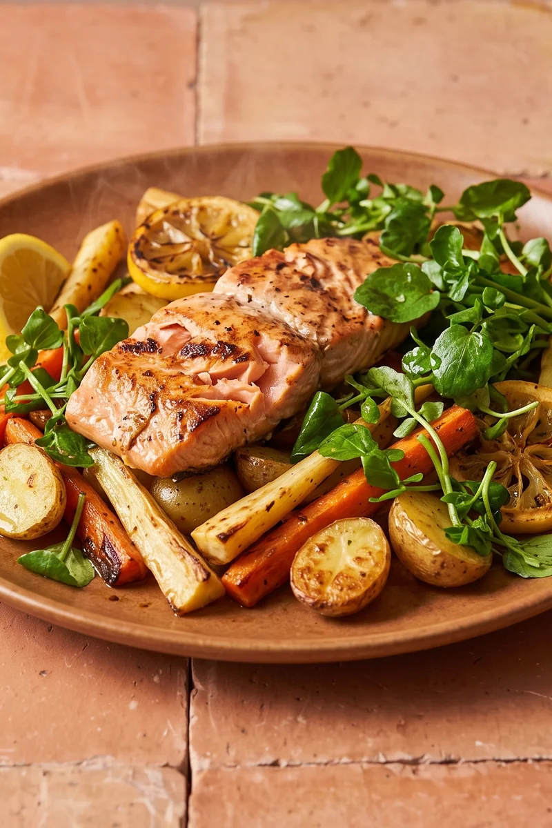 Roast Trout with Root Vegetables & Watercress - Whole-roasted trout fillets over caramelized roots with peppery watercress