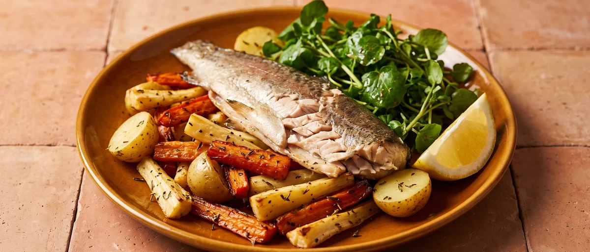 Roast Trout with Root Vegetables & Watercress - Whole-roasted trout fillets over caramelized roots with peppery watercress