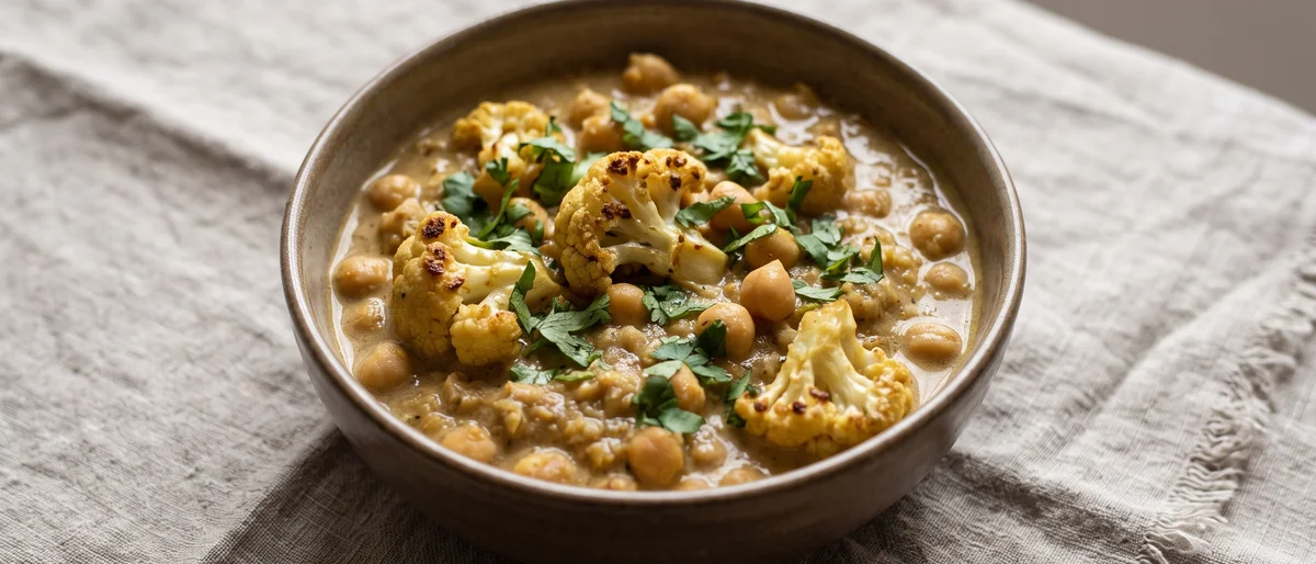 Roasted Cauliflower & Chickpea Korma-Style Curry - A gentle cashew-coconut korma with roasted cauliflower and chickpeas