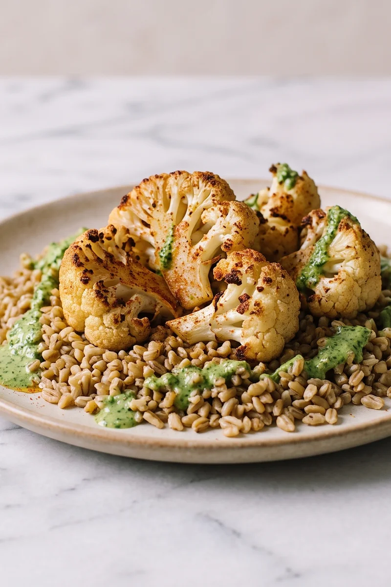Roasted Cauliflower & Freekeh Grain Bowl - Smoky roasted cauliflower over nutty freekeh with a green tahini sauce