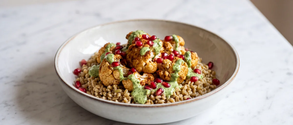Roasted Cauliflower & Freekeh Grain Bowl - Smoky roasted cauliflower over nutty freekeh with a green tahini sauce