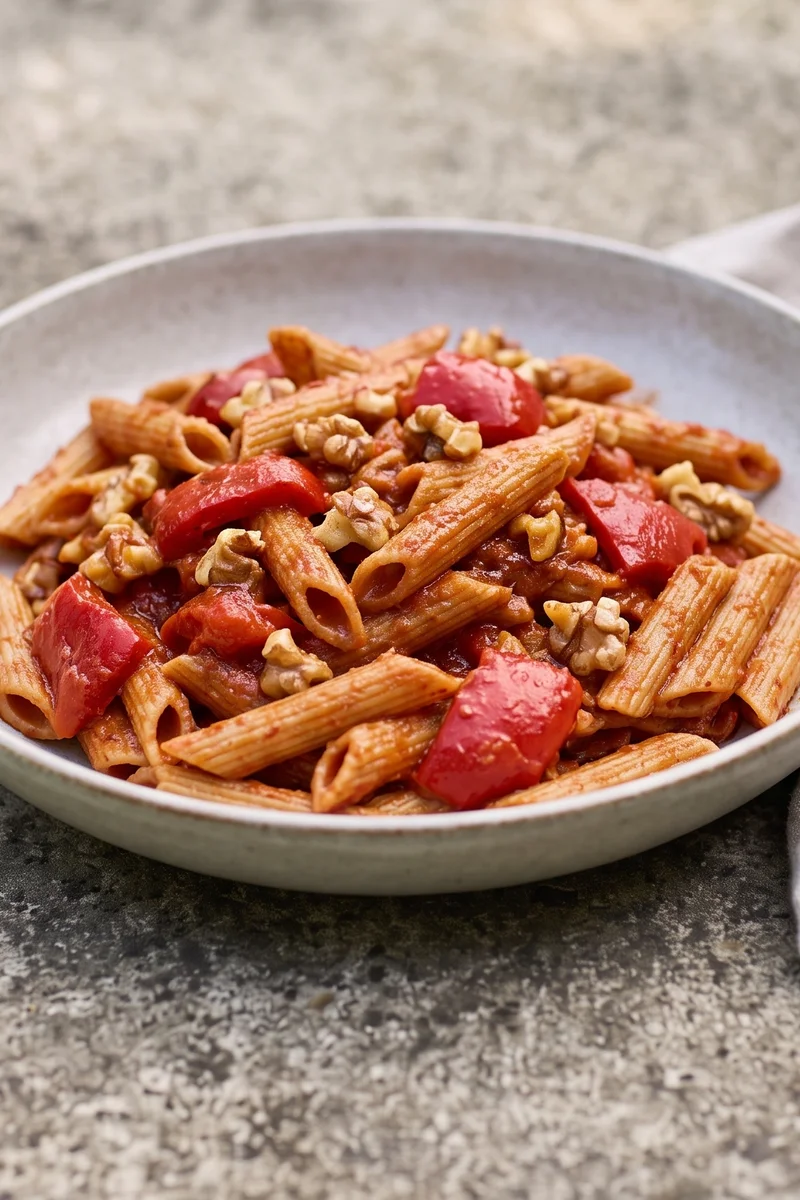 Roasted Red Pepper & Walnut Pasta (Muhammara-Style) - Pasta in a silky sauce of roasted peppers, walnuts and smoked paprika, inspired by muhammara