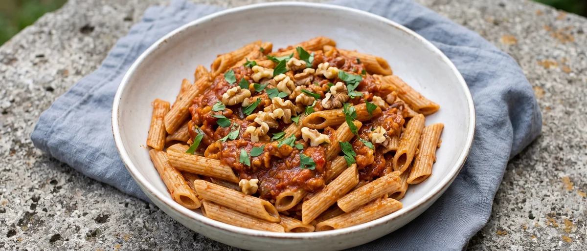 Roasted Red Pepper & Walnut Pasta (Muhammara-Style) - Pasta in a silky sauce of roasted peppers, walnuts and smoked paprika, inspired by muhammara