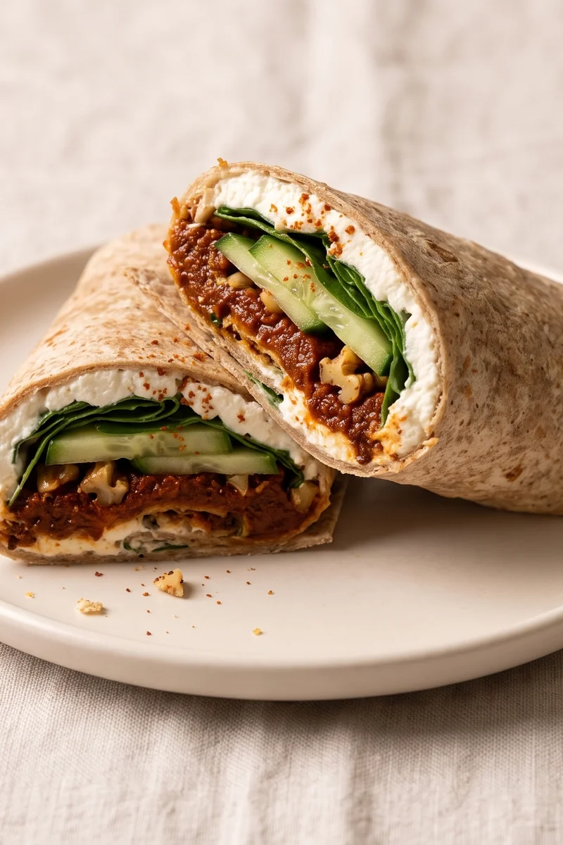 Roasted Red Pepper & Walnut Wraps with Whipped Feta - Whole-wheat wraps spread with whipped feta and muhammara-style walnut-pepper paste, rolled with spinach and cucumber