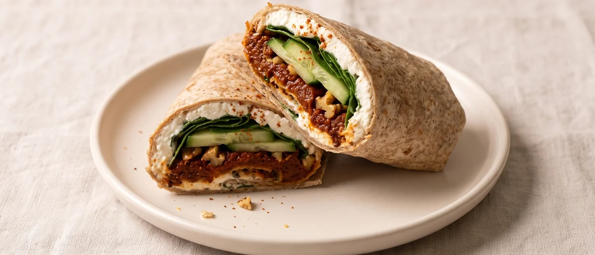 Roasted Red Pepper & Walnut Wraps with Whipped Feta - Whole-wheat wraps spread with whipped feta and muhammara-style walnut-pepper paste, rolled with spinach and cucumber