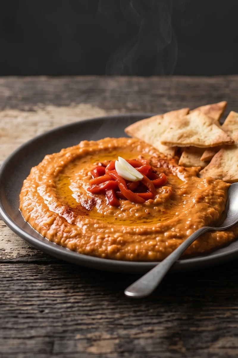 Roasted Red Pepper & White Bean Dip with Pita Chips - A silky roasted pepper and white bean dip with crisp baked pita chips