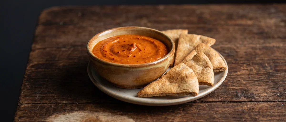 Roasted Red Pepper & White Bean Dip with Pita Chips - A silky roasted pepper and white bean dip with crisp baked pita chips