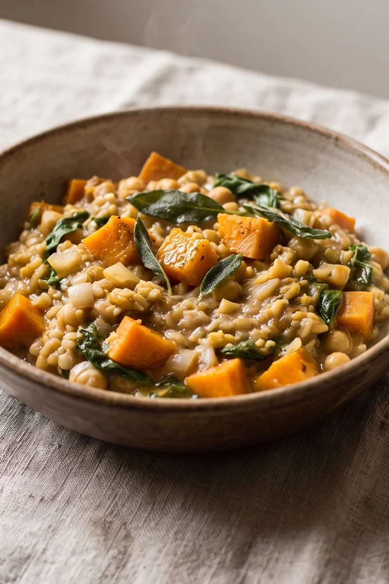 Roasted Squash, Sage & Barley Risotto-Style Pot - Pearl barley cooked risotto-style with roasted squash, sage and Parmesan