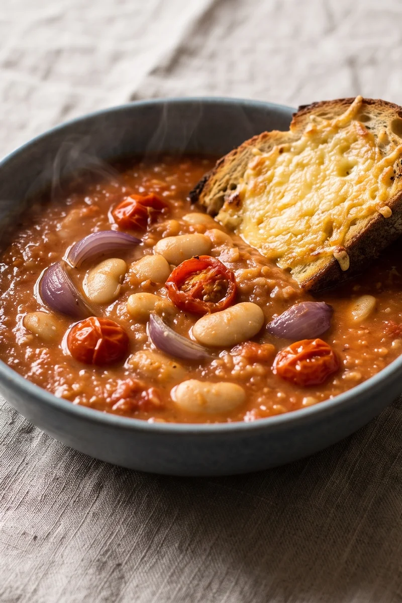 Roasted Tomato & Butter Bean Soup with Cheddar Toast - Slow-roasted tomatoes blended with butter beans into a velvety soup, served with proper cheddar toast