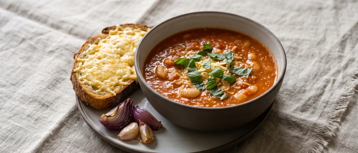 Roasted Tomato & Butter Bean Soup with Cheddar Toast - Slow-roasted tomatoes blended with butter beans into a velvety soup, served with proper cheddar toast