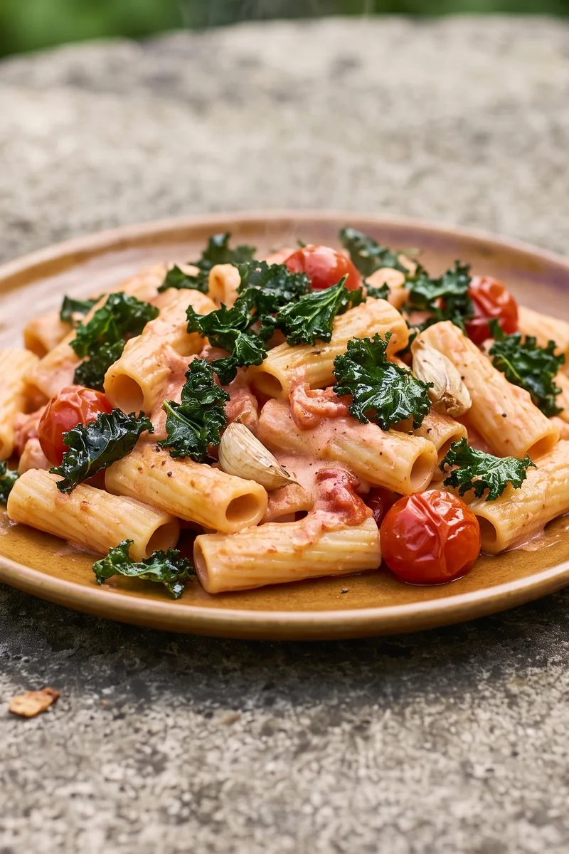 Roasted Tomato & Mascarpone Rigatoni with Crispy Kale - Slow-roasted tomatoes blended with mascarpone into a silky pink sauce, with oven-crisped kale scattered over rigatoni like confetti.