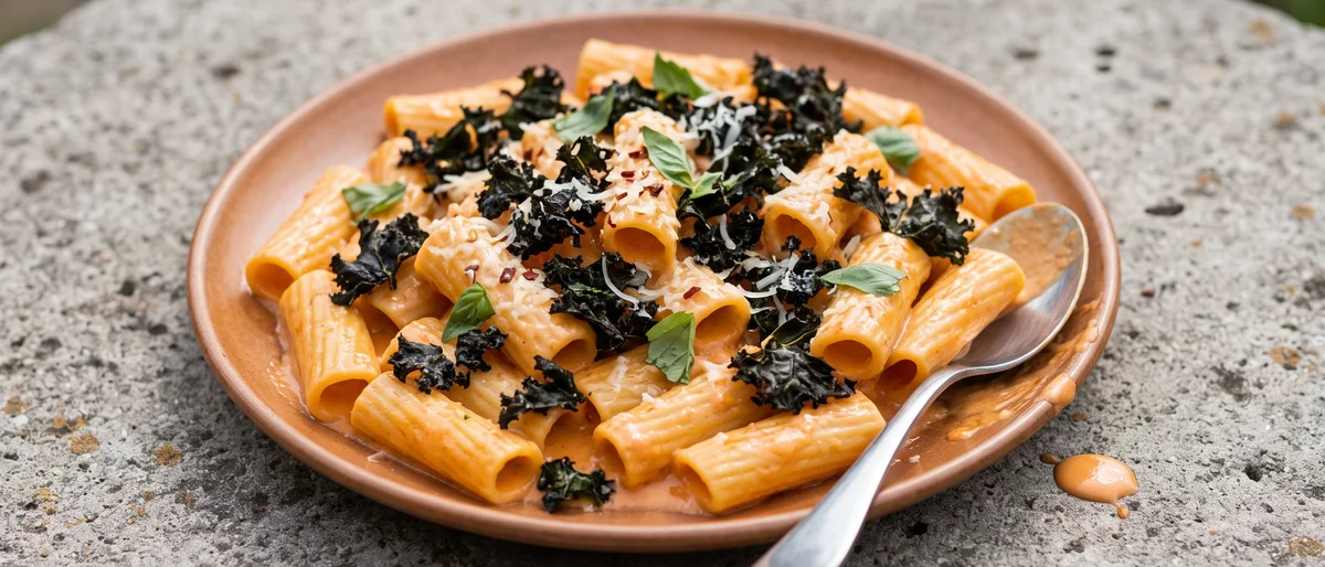 Roasted Tomato & Mascarpone Rigatoni with Crispy Kale - Slow-roasted tomatoes blended with mascarpone into a silky pink sauce, with oven-crisped kale scattered over rigatoni like confetti.