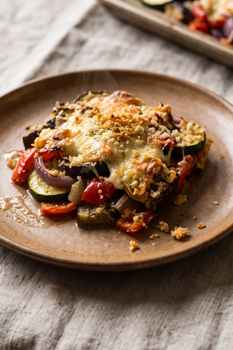 Roasted Vegetable & Goat Cheese Galette-Free Gratin - Layered Mediterranean vegetables baked under goat cheese and breadcrumbs