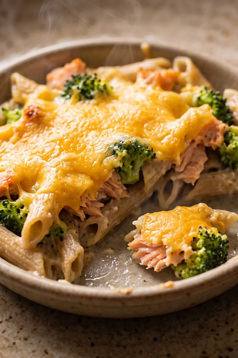 Salmon & Broccoli Pasta Bake - A creamy pasta bake with flaked salmon and broccoli under a golden cheddar crust