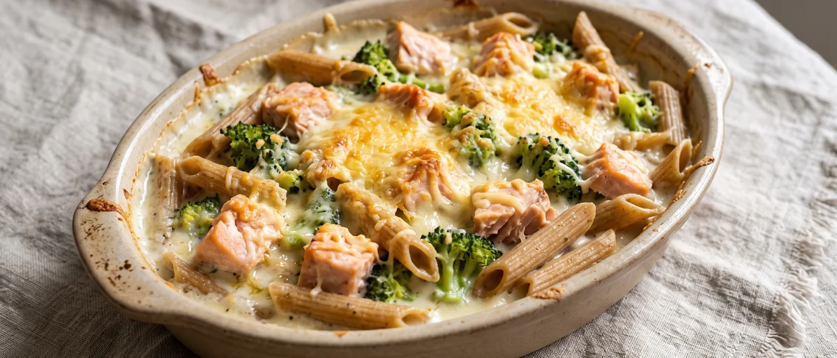Salmon & Broccoli Pasta Bake - A creamy pasta bake with flaked salmon and broccoli under a golden cheddar crust