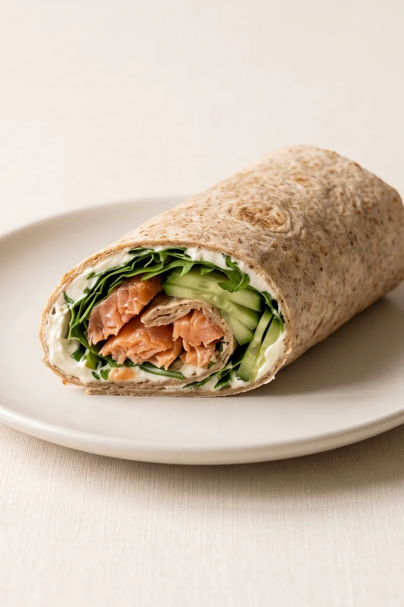 Salmon & Cream Cheese Breakfast Wrap - Hot-smoked salmon, cream cheese, cucumber and arugula rolled tight in a tortilla