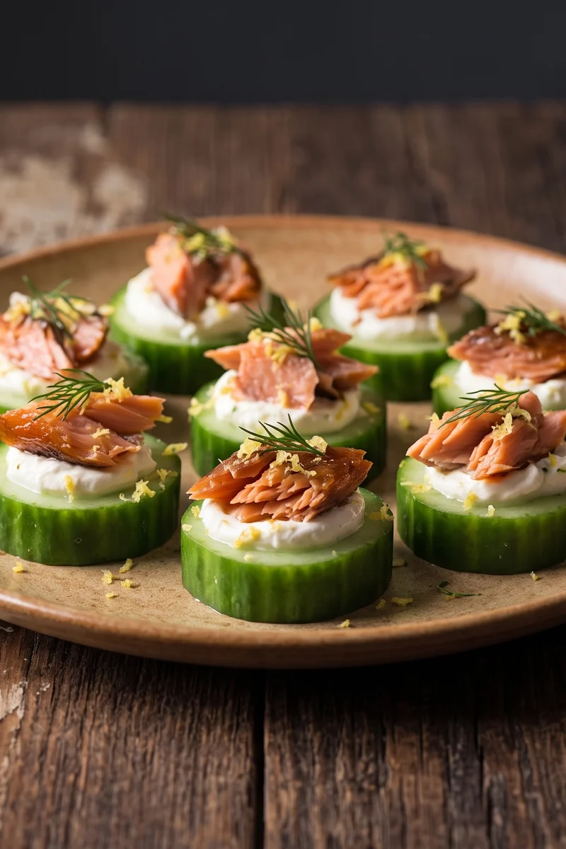 Salmon & Cream Cheese Cucumber Rounds - Cucumber coins topped with cream cheese and hot-smoked salmon