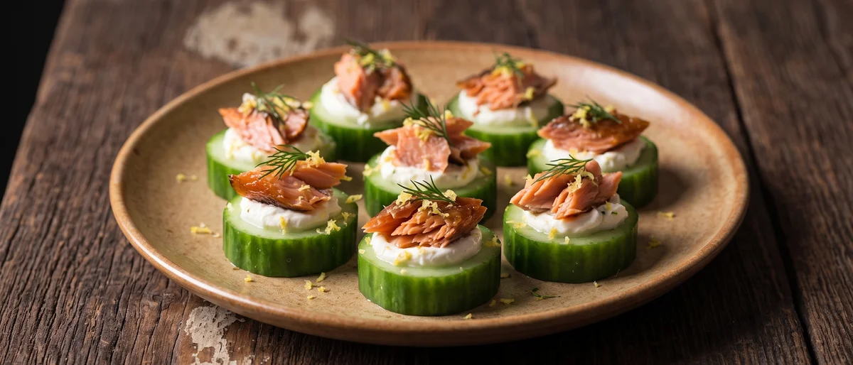 Salmon & Cream Cheese Cucumber Rounds - Cucumber coins topped with cream cheese and hot-smoked salmon