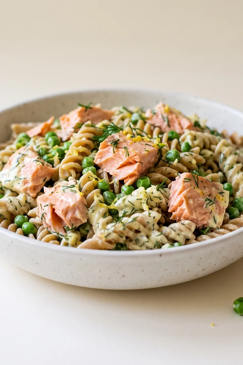 Salmon & Dill Pasta Salad with Peas - Cold pasta salad with flaked cooked salmon, peas, and a lemon-yogurt dill dressing