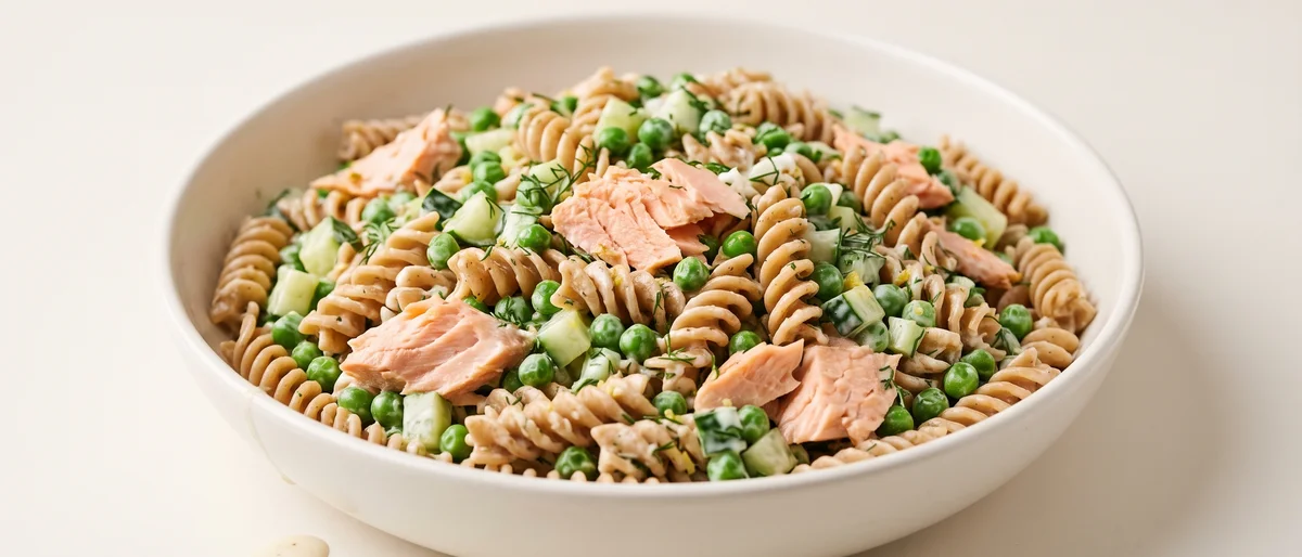 Salmon & Dill Pasta Salad with Peas - Cold pasta salad with flaked cooked salmon, peas, and a lemon-yogurt dill dressing
